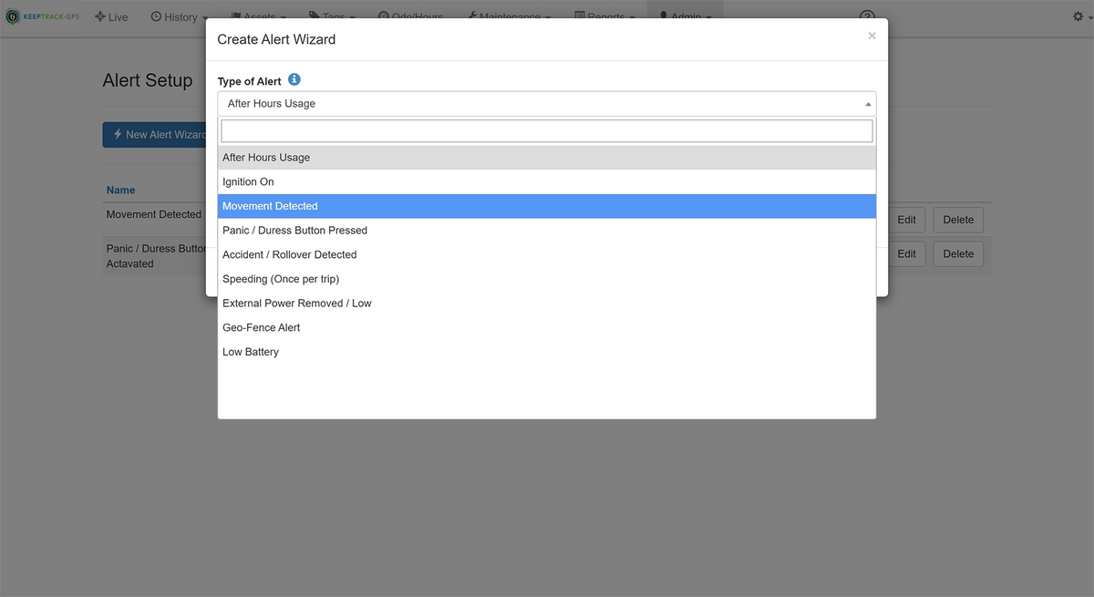 Alert settings for geofencing, speeding, and after-hours usage notifications