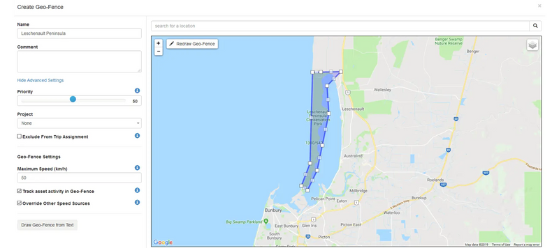 Custom geo-fence created with Keep Track GPS tracking software for the Leschenault Peninsula near Bunbury, WA, highlighting coastal asset monitoring.
