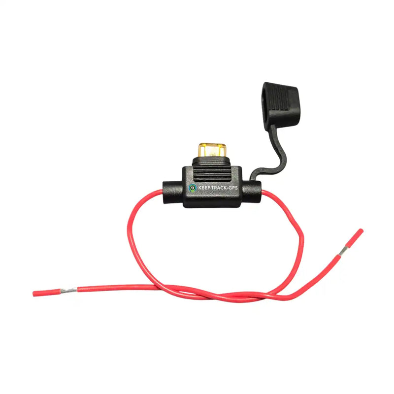 Single Keep Track GPS inline 5A fuse holder with red wiring, designed for safe GPS tracker installation in cars, trucks, and fleets.