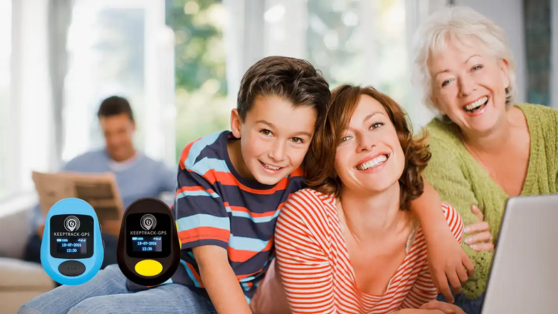 Happy family at home with Keep Track GPS personal alarms shown in blue and black, designed for safety, SOS alerts, and peace of mind across Australia