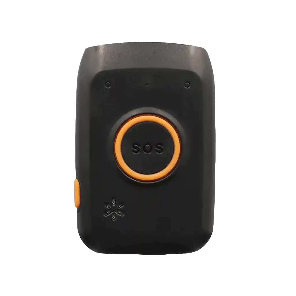 Front view of the Meitrack P88L black and orange personal GPS tracker with prominent SOS emergency button for safety and location tracking.