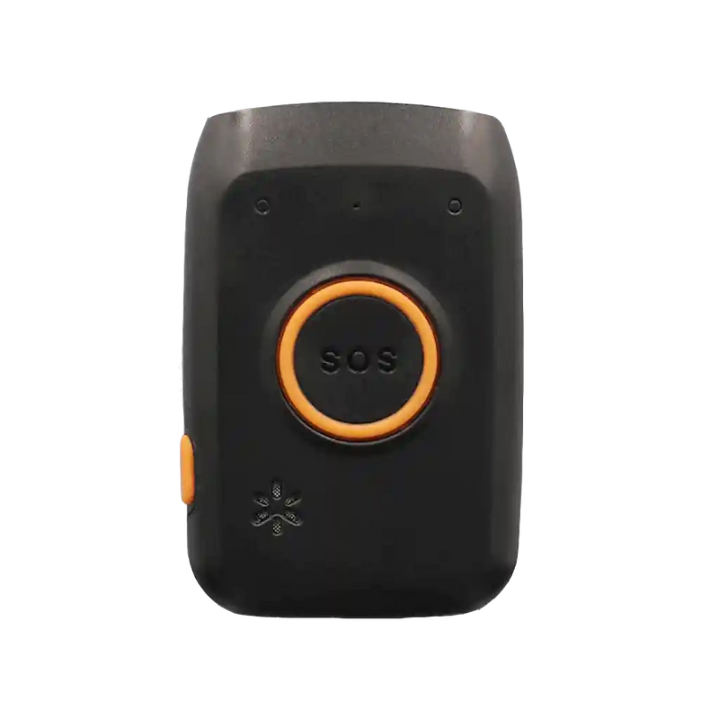 Front view of the Meitrack P88L black and orange personal GPS tracker with prominent SOS emergency button for safety and location tracking.