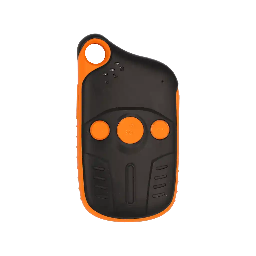 Angled view of the Meitrack P99L GPS tracker showing its compact design, orange trim, and side control buttons.