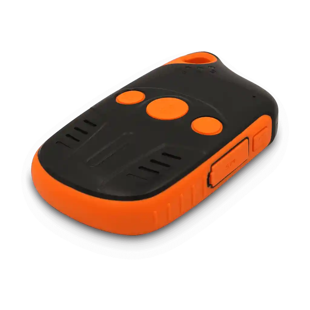 Angled view of the Meitrack P99L GPS tracker showing its compact design, orange trim, and side control buttons.