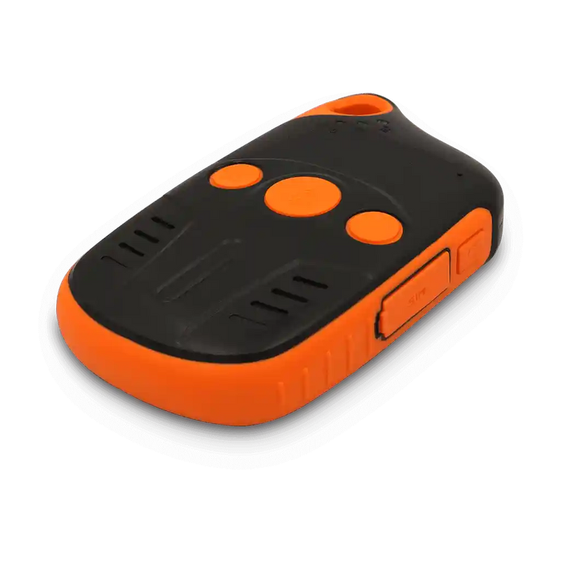 Angled view of the Meitrack P99L GPS tracker showing its compact design, orange trim, and side control buttons.