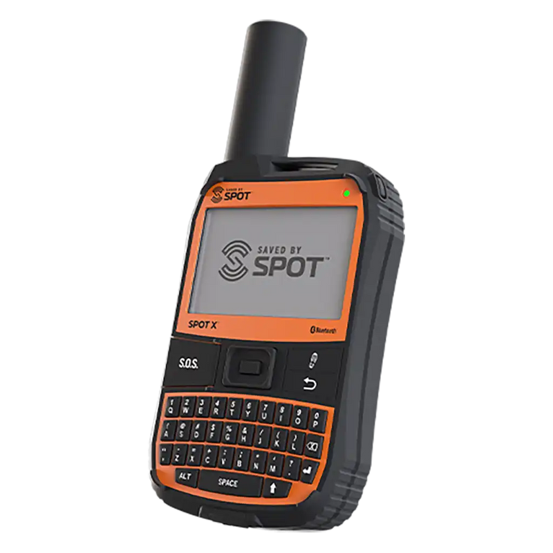 Quarter view of SPOT X two-way satellite communication device, used for adventure tracking, off-road trips, and emergency SOS alerts in Perth, Western Australia, and beyond.